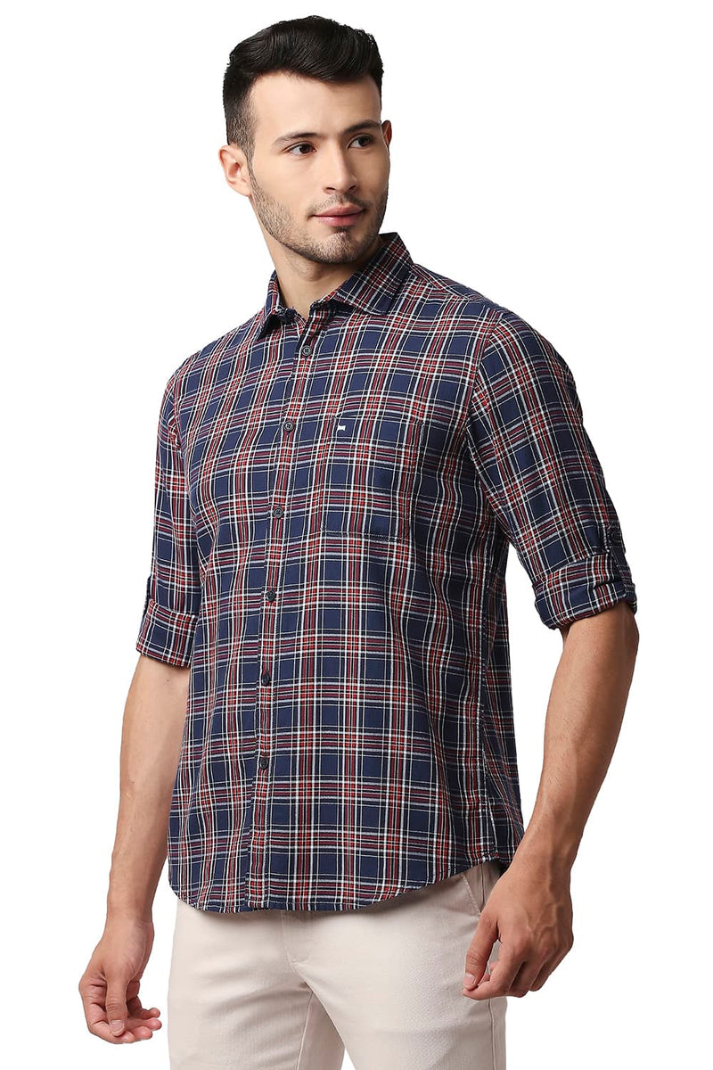 BASICS SLIM FIT HERRING BONE TWILL CHECKS SHIRT