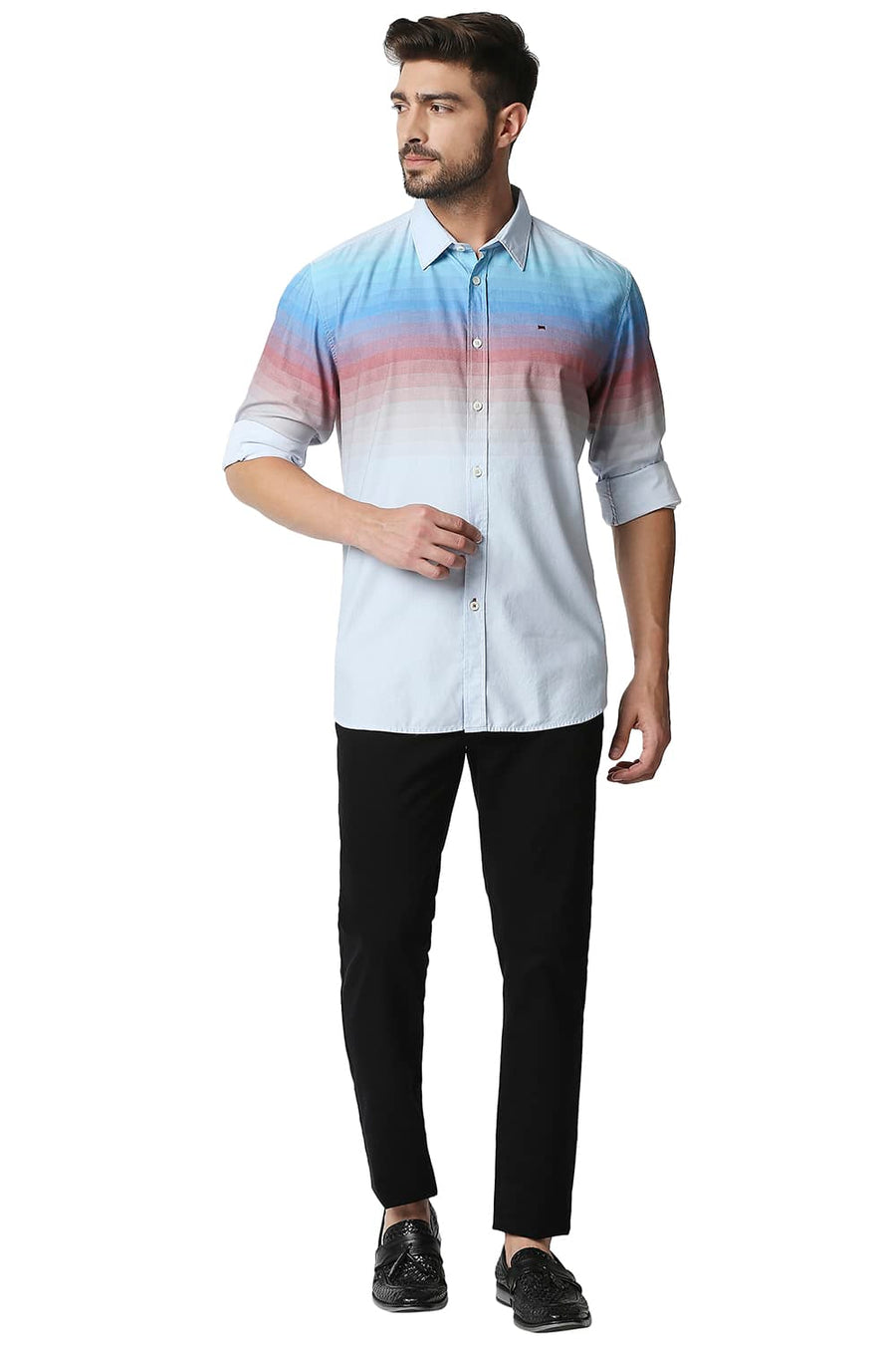 BASICS SLIM FIT NORSE BLUE TWILL ENG WEFT STRIPE SHIRT