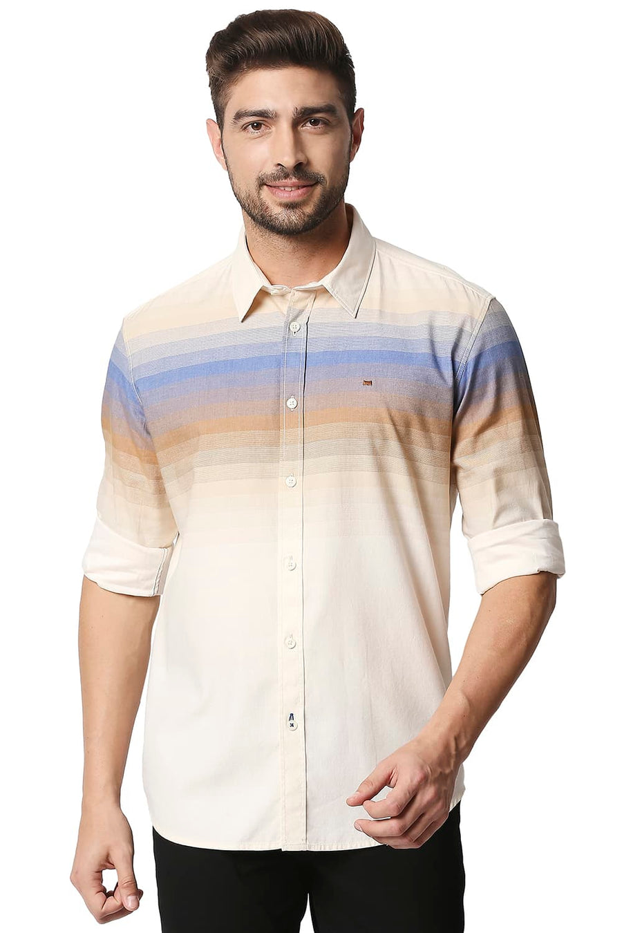 BASICS SLIM FIT FOXTROT KHAKI TWILL ENG WEFT STRIPE SHIRT