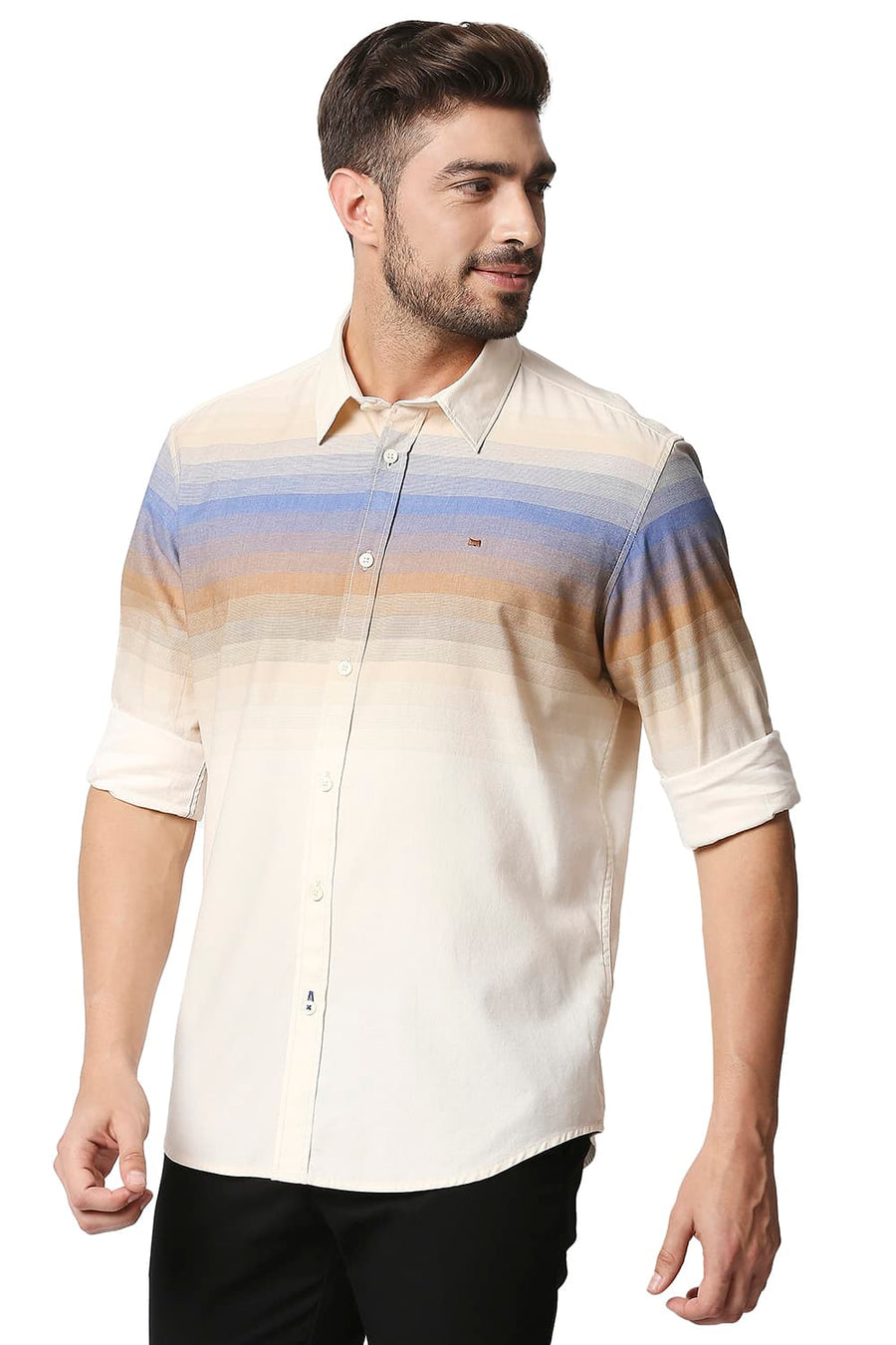 BASICS SLIM FIT FOXTROT KHAKI TWILL ENG WEFT STRIPE SHIRT