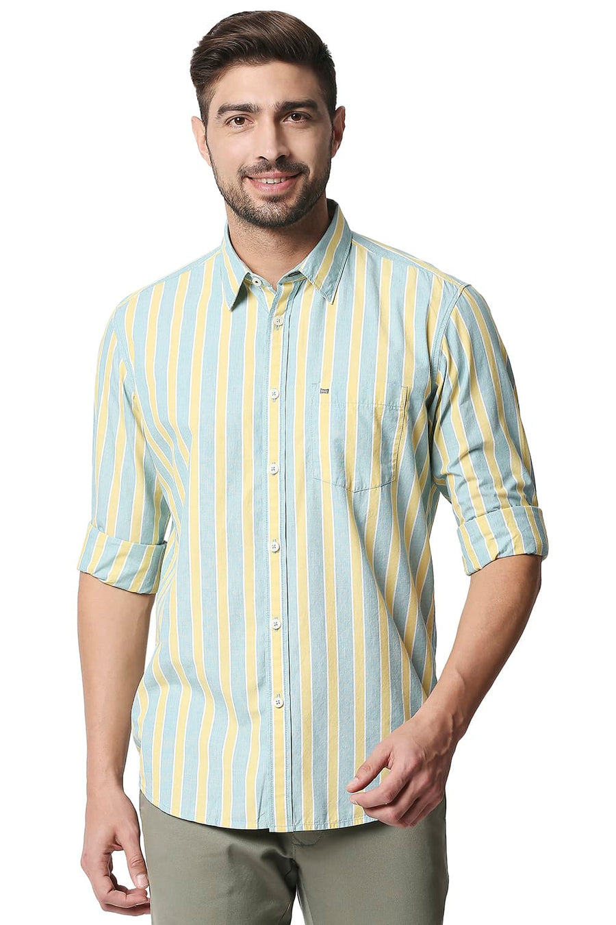BASICS SLIM FIT DUSKY CITRON YELLOW STRIPE SHIRT