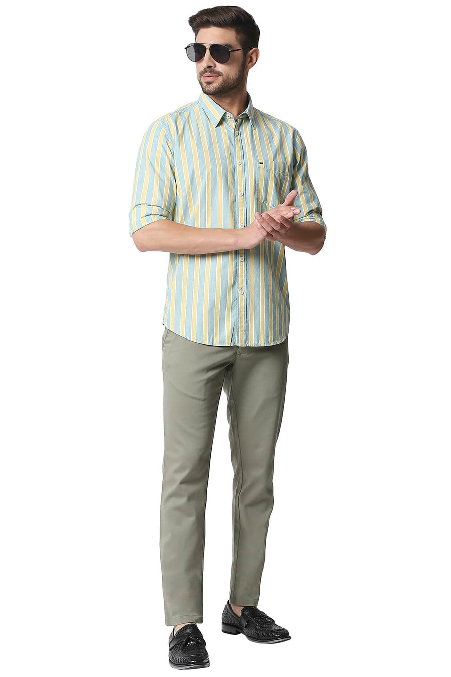 BASICS SLIM FIT DUSKY CITRON YELLOW STRIPE SHIRT