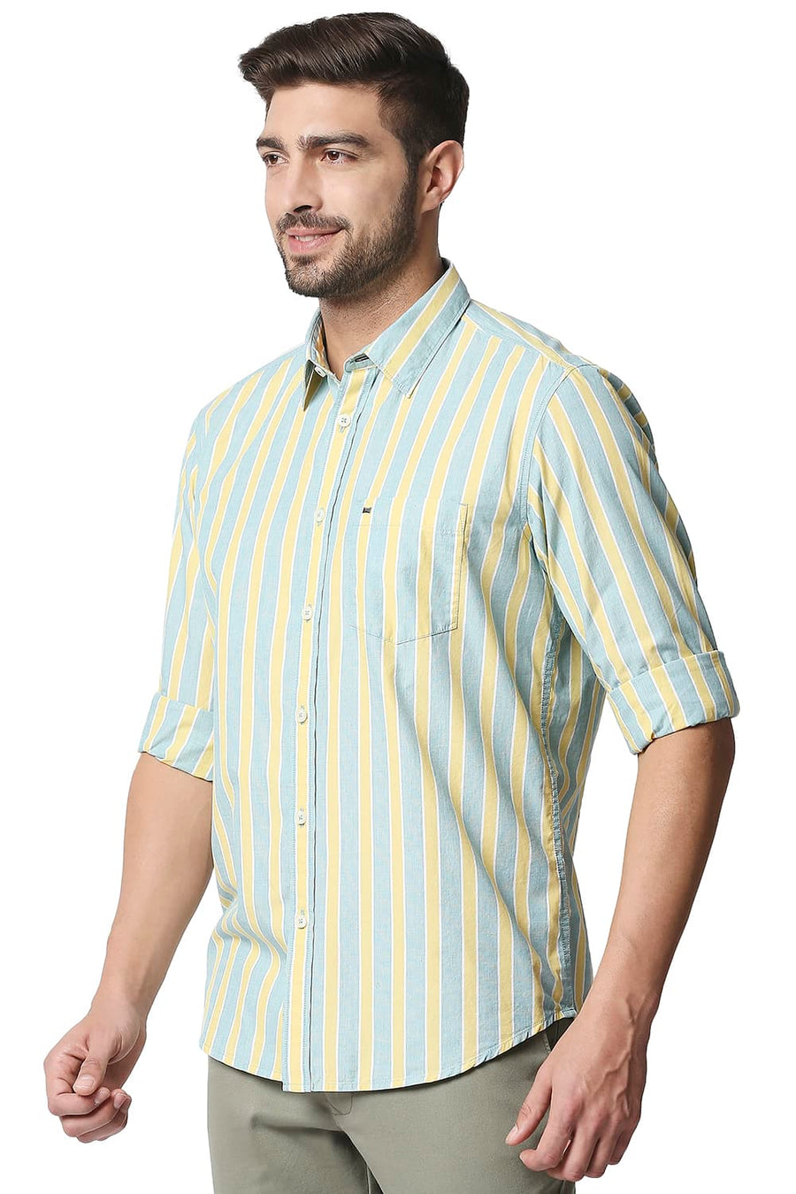 BASICS SLIM FIT DUSKY CITRON YELLOW STRIPE SHIRT