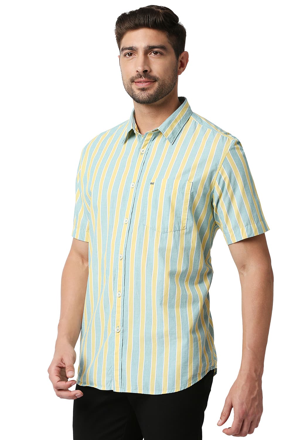 BASICS SLIM FIT STRIPE HALFSLEEVES SHIRT