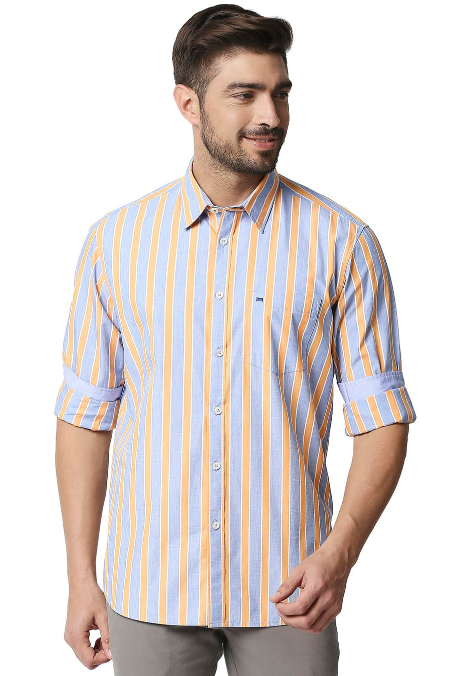BASICS SLIM FIT ORANGE MUSK STRIPE SHIRT