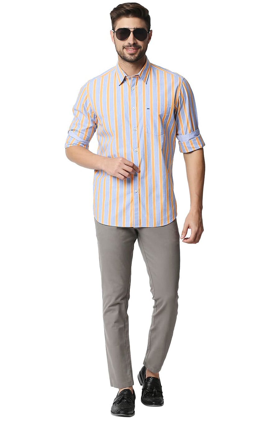 BASICS SLIM FIT ORANGE MUSK STRIPE SHIRT