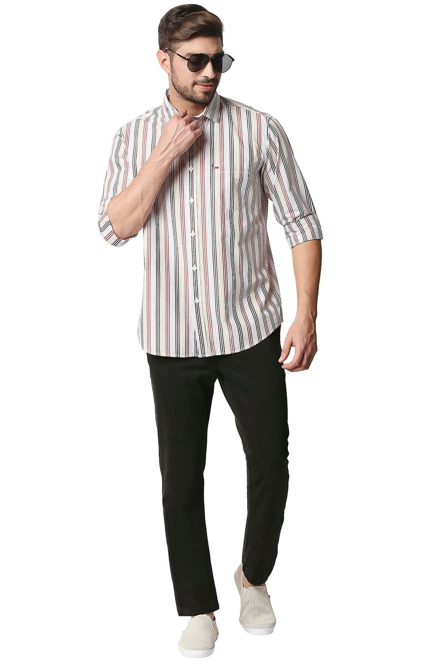 BASICS SLIM FIT POMPEIAN RED STRIPE SHIRT