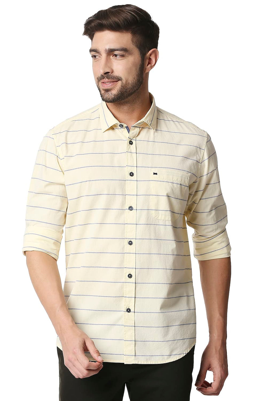 BASICS SLIM FIT ANISE FLOWER YELLOW WEFT STRIPE SHIRT