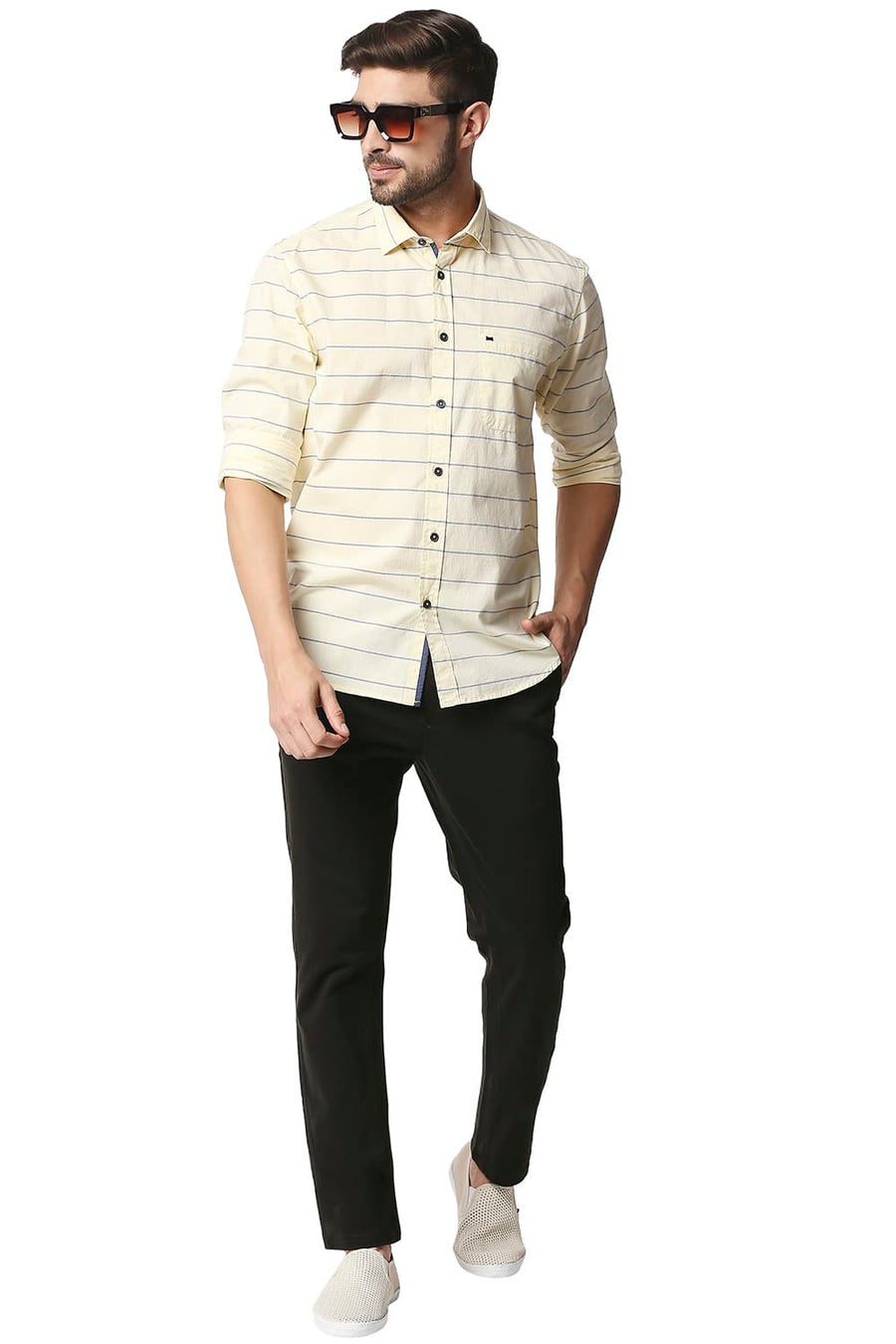 BASICS SLIM FIT ANISE FLOWER YELLOW WEFT STRIPE SHIRT
