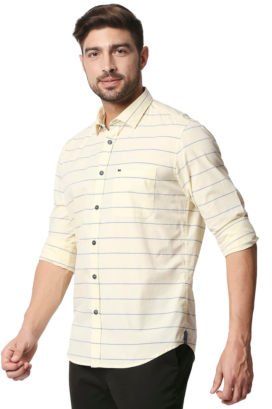 BASICS SLIM FIT ANISE FLOWER YELLOW WEFT STRIPE SHIRT