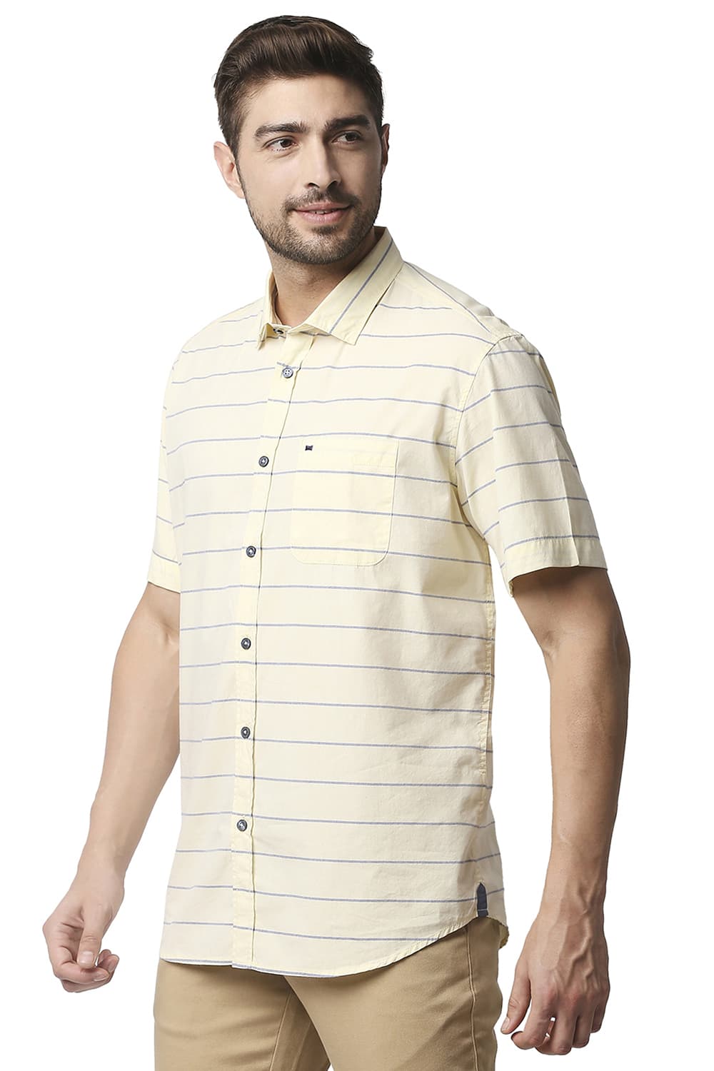 BASICS SLIM FIT WEFT STRIPE HALFSLEEVES SHIRT