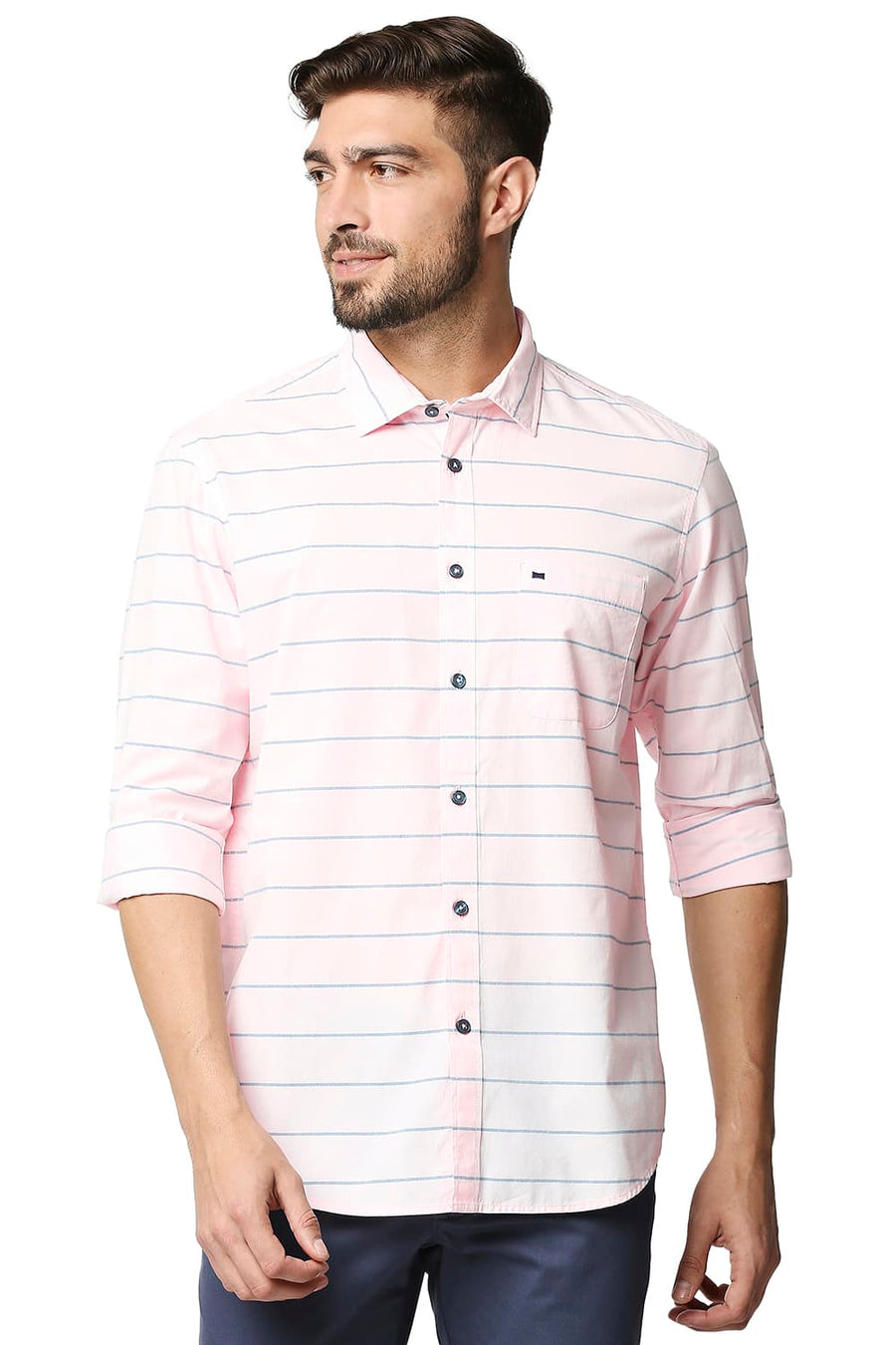 BASICS SLIM FIT CRYSTAL PINK WEFT STRIPE SHIRT