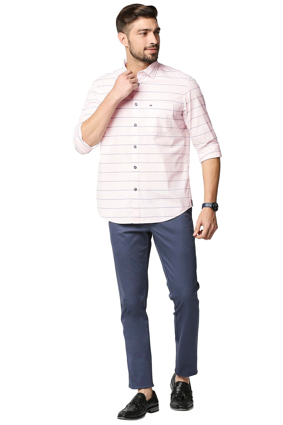 BASICS SLIM FIT CRYSTAL PINK WEFT STRIPE SHIRT