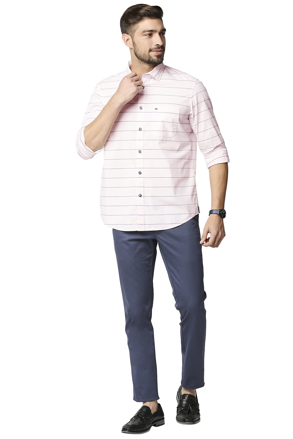 BASICS SLIM FIT WEFT STRIPE SHIRT