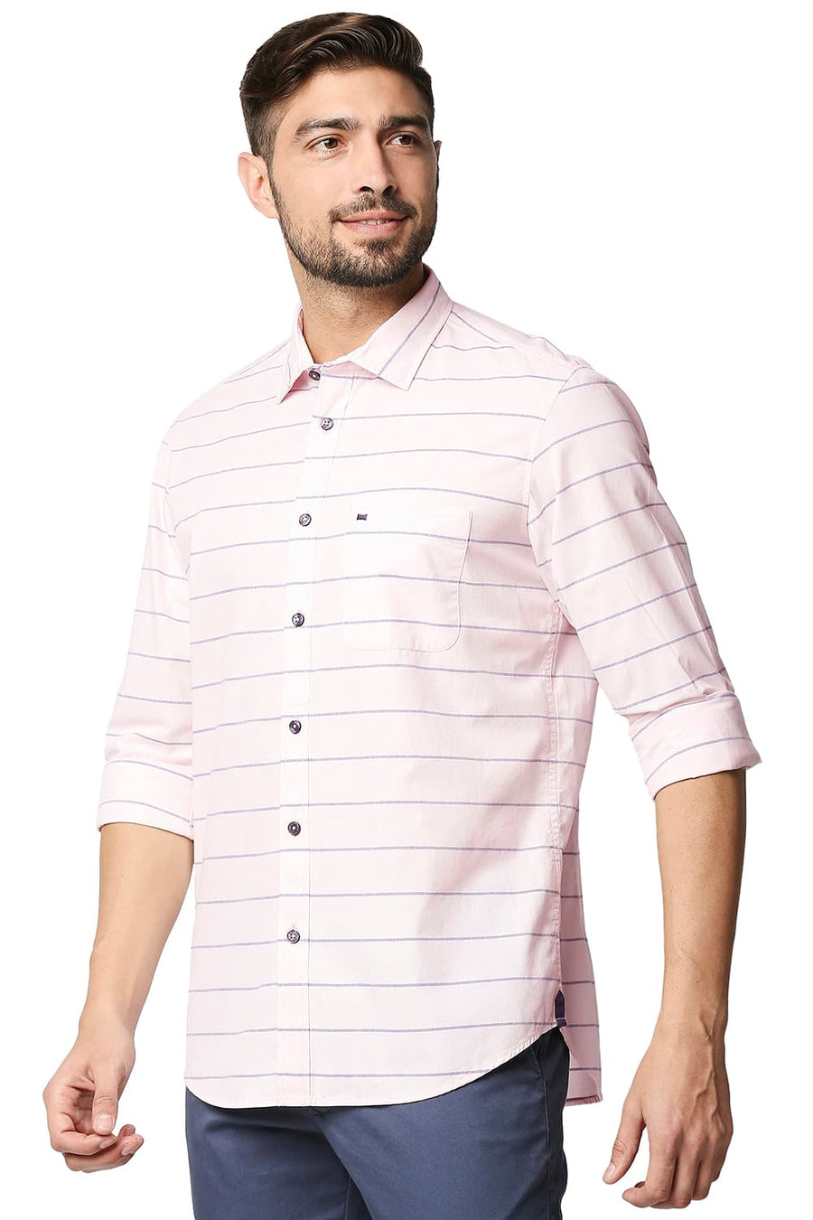 BASICS SLIM FIT CRYSTAL PINK WEFT STRIPE SHIRT