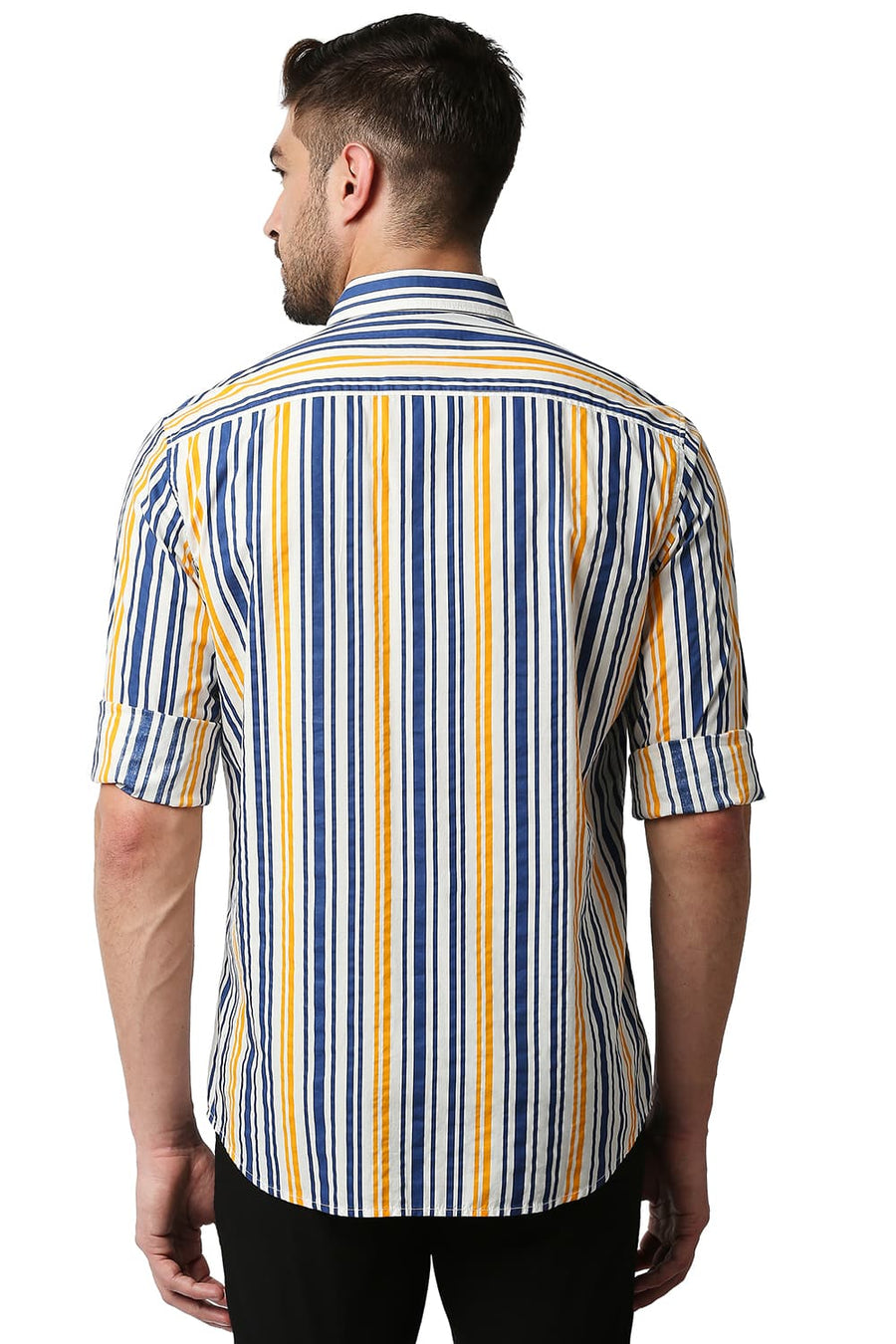 BASICS SLIM FIT ESTATE NAVY POPLIN PRINT STRIPE SHIRT
