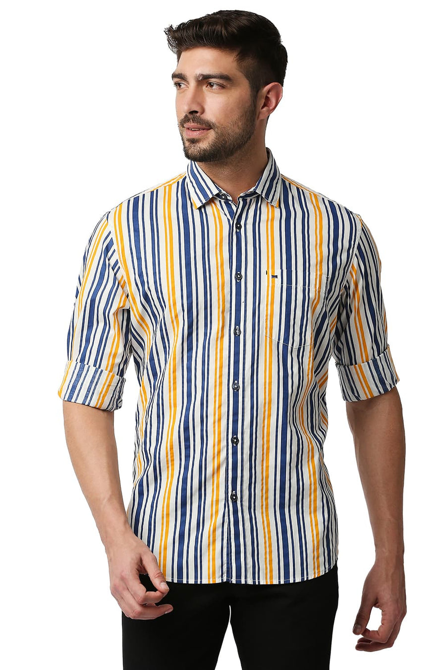 BASICS SLIM FIT ESTATE NAVY POPLIN PRINT STRIPE SHIRT