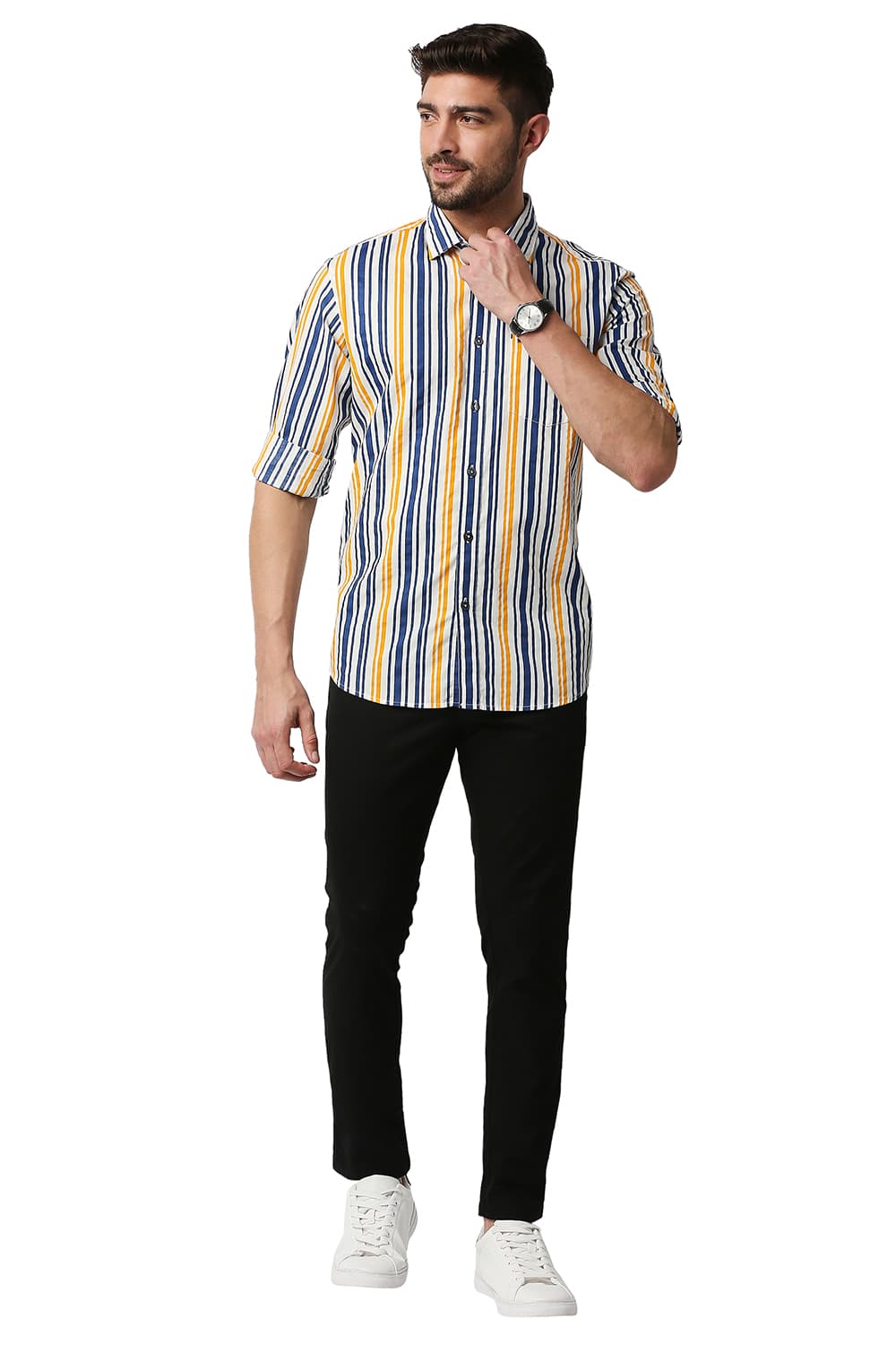 BASICS SLIM FIT POPLIN PRINT STRIPE SHIRT