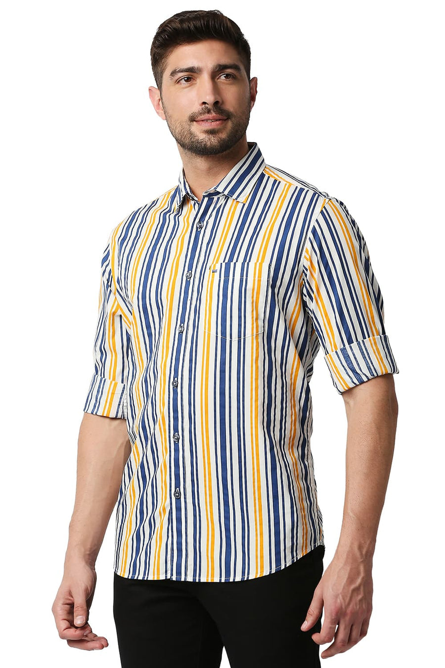 BASICS SLIM FIT ESTATE NAVY POPLIN PRINT STRIPE SHIRT