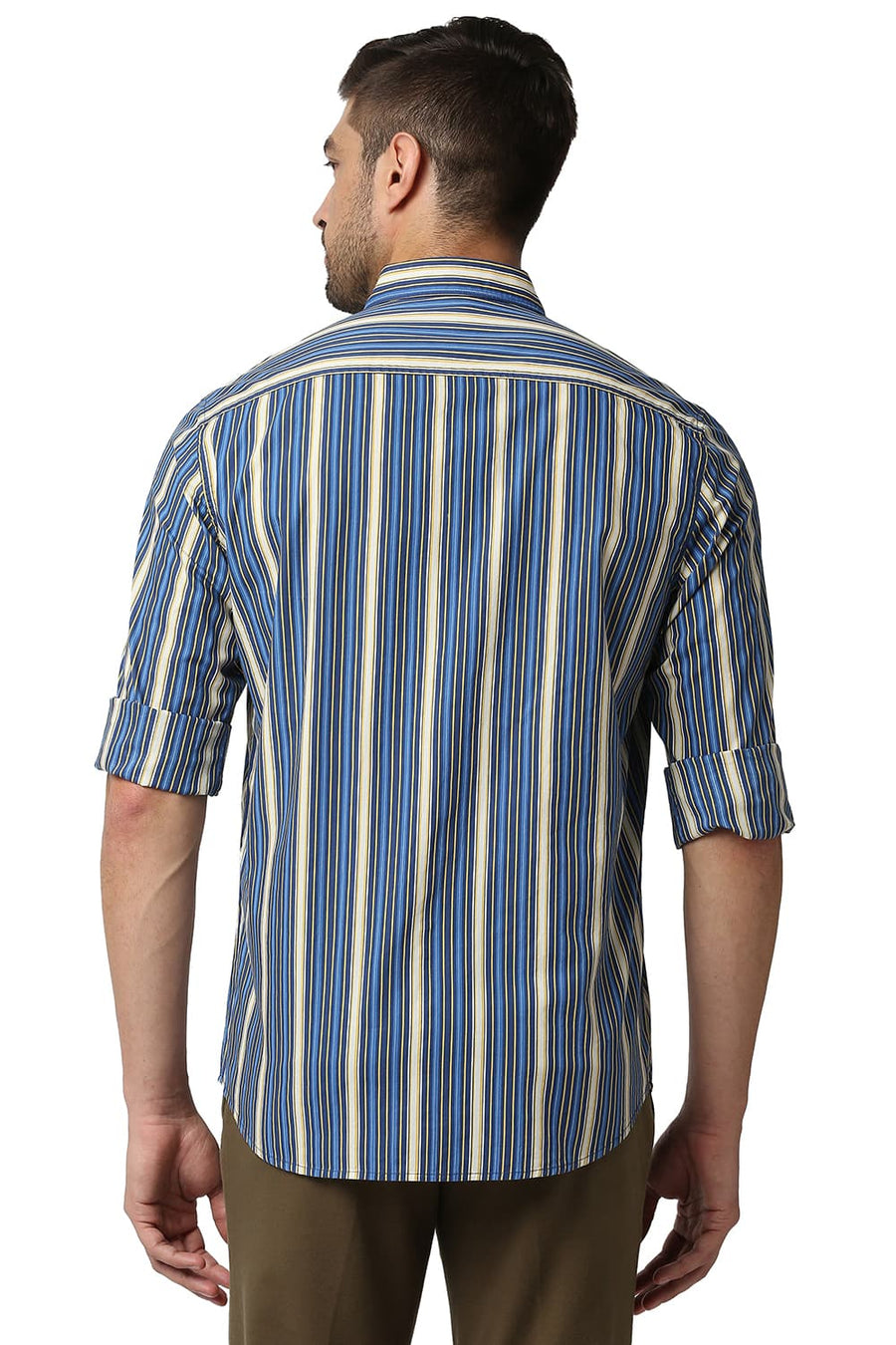 BASICS SLIM FIT TRUE NAVY POPLIN PRINT STRIPE SHIRT