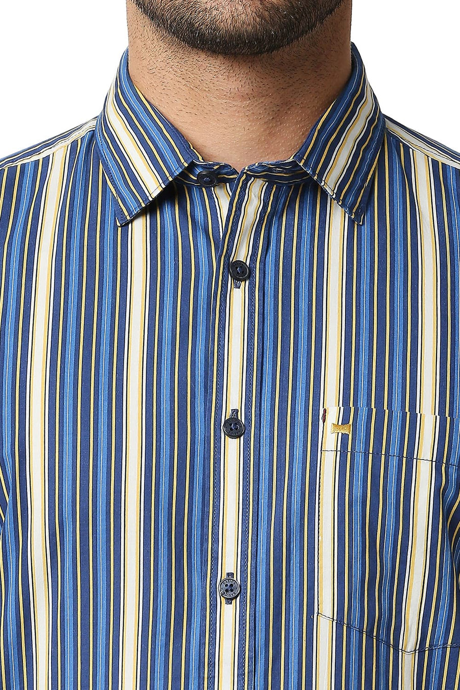 BASICS SLIM FIT TRUE NAVY POPLIN PRINT STRIPE SHIRT