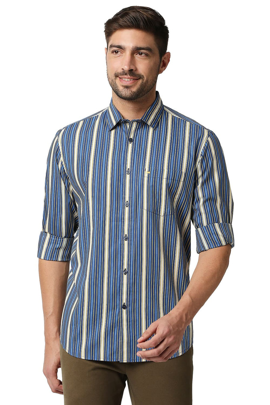 BASICS SLIM FIT TRUE NAVY POPLIN PRINT STRIPE SHIRT