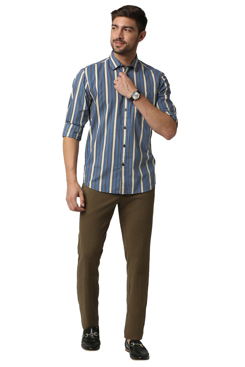 BASICS SLIM FIT POPLIN PRINT STRIPE SHIRT