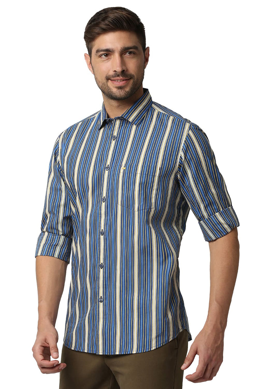 BASICS SLIM FIT TRUE NAVY POPLIN PRINT STRIPE SHIRT