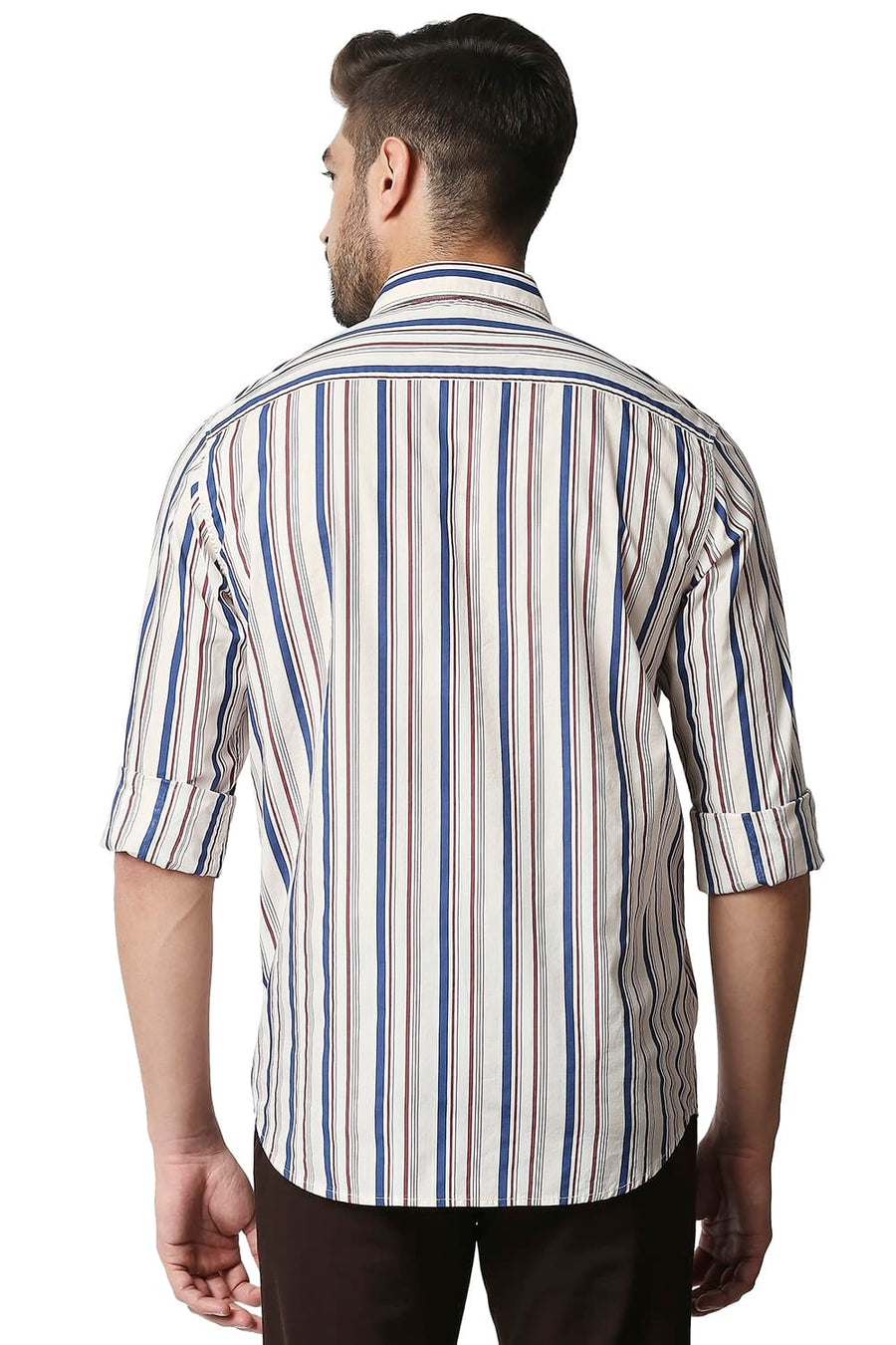 BASICS SLIM FIT GARDENIA PEACH POPLIN PRINT STRIPE SHIRT