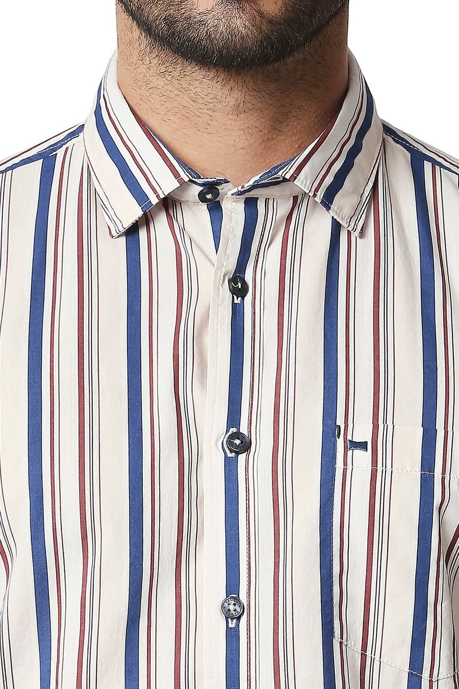 BASICS SLIM FIT GARDENIA PEACH POPLIN PRINT STRIPE SHIRT