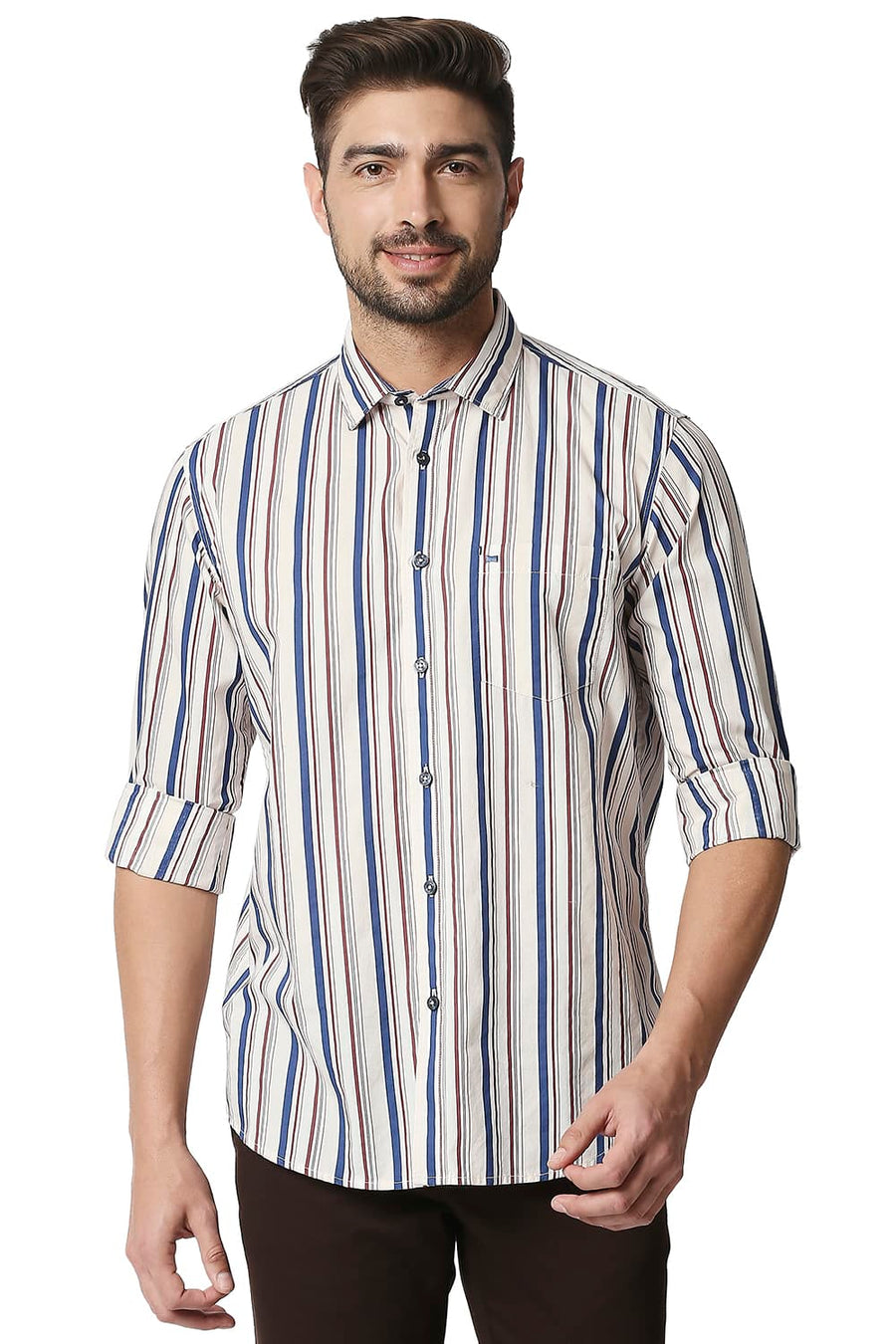 BASICS SLIM FIT GARDENIA PEACH POPLIN PRINT STRIPE SHIRT