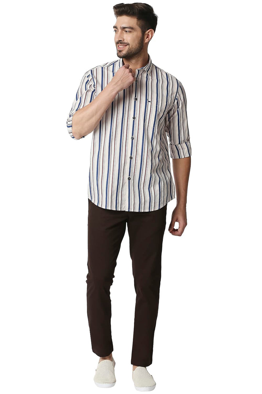 BASICS SLIM FIT GARDENIA PEACH POPLIN PRINT STRIPE SHIRT