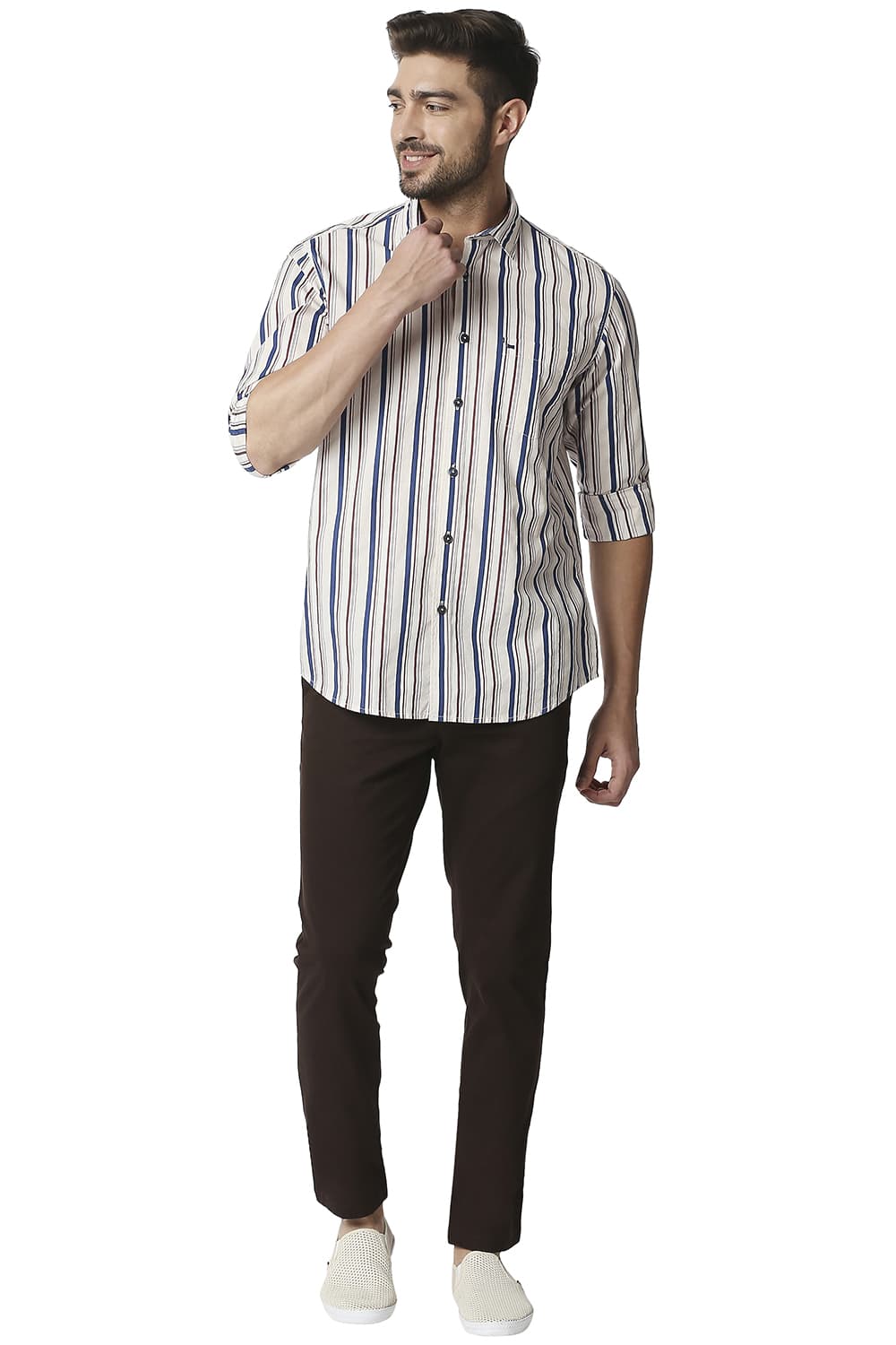 BASICS SLIM FIT POPLIN PRINT STRIPE SHIRT