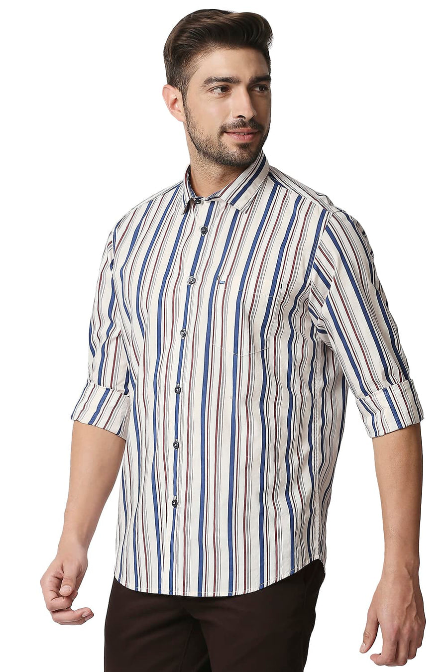 BASICS SLIM FIT GARDENIA PEACH POPLIN PRINT STRIPE SHIRT