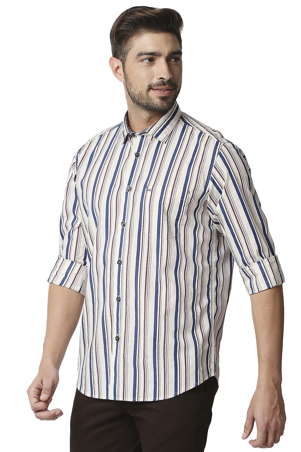 BASICS SLIM FIT POPLIN PRINT STRIPE SHIRT