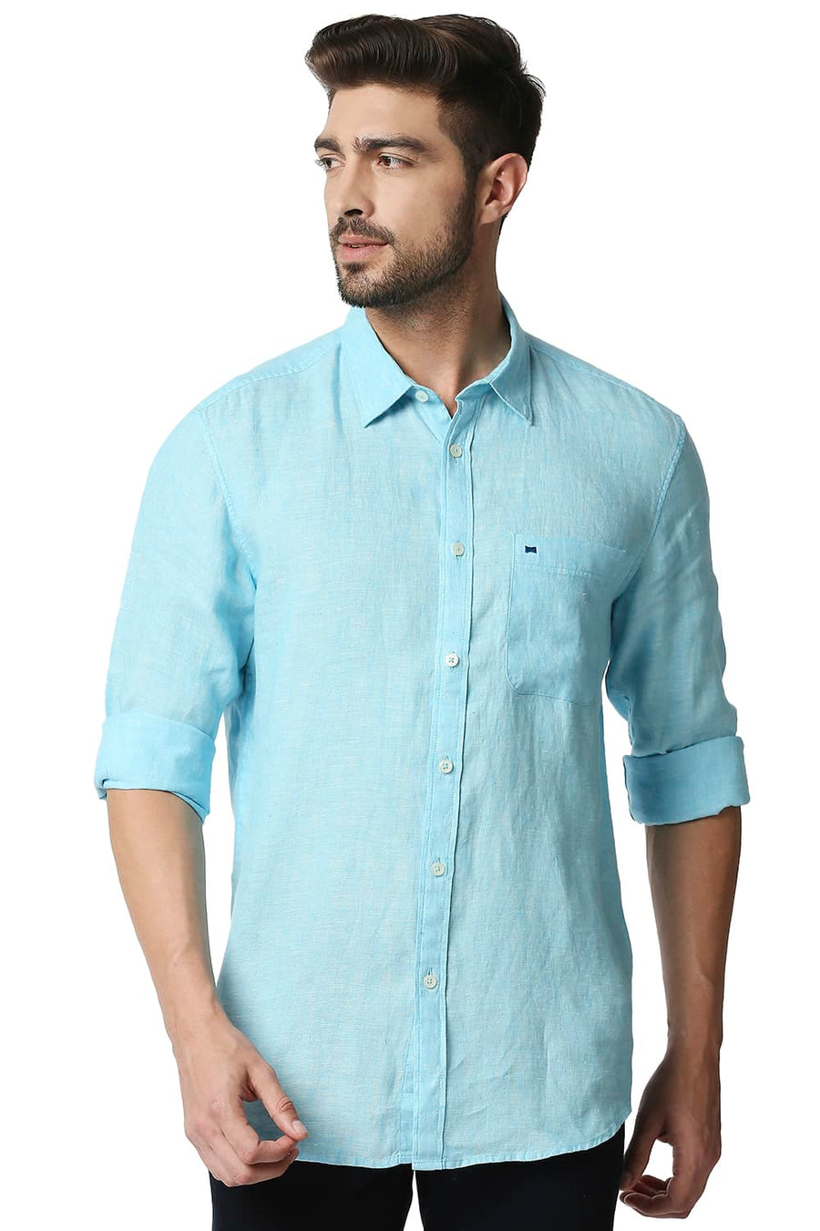 BASICS SLIM FIT GULF STREAM BLUE LINEN SHIRT