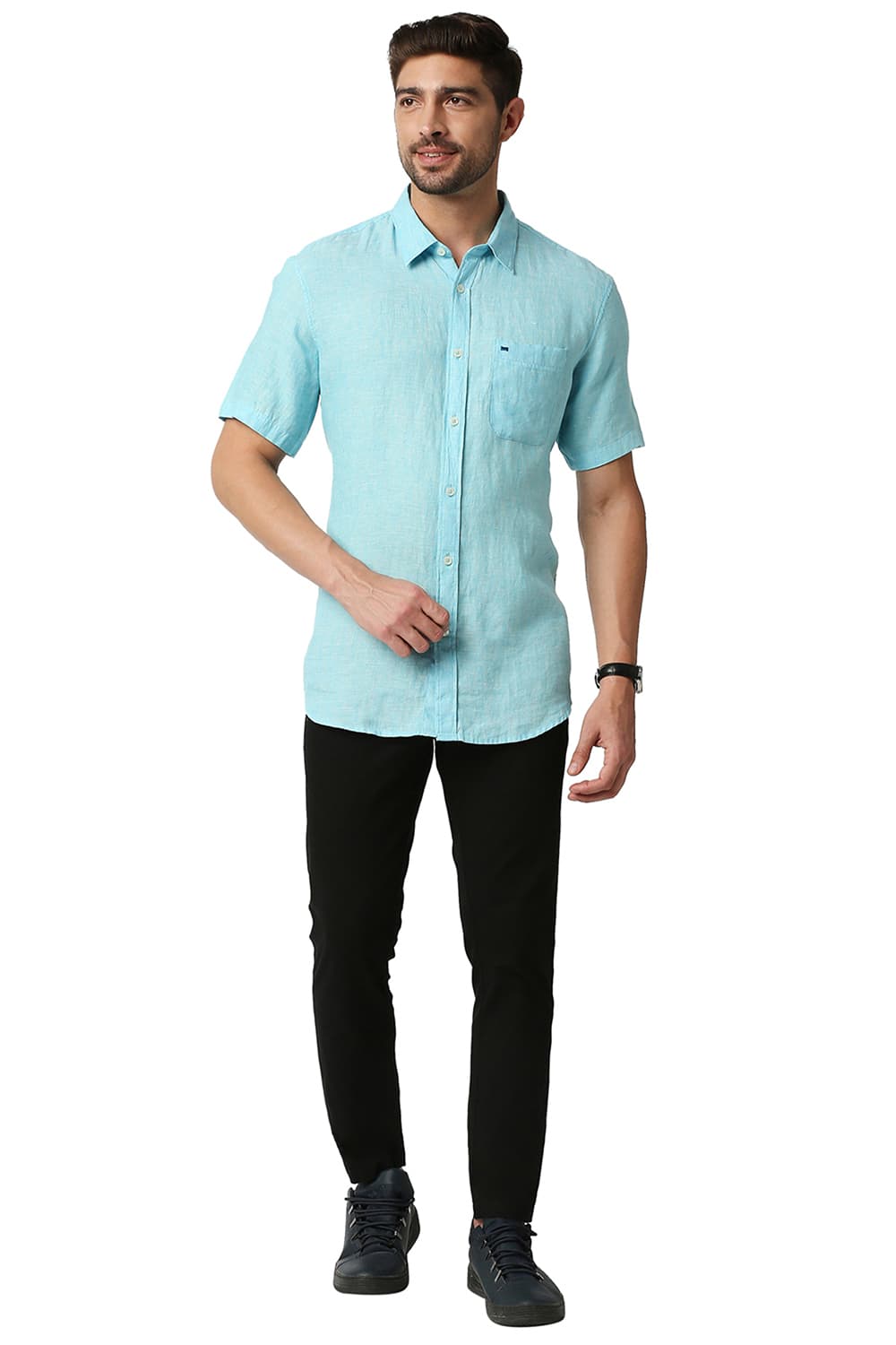 BASICS SLIM FIT LINEN HALFSLEEVES SHIRT