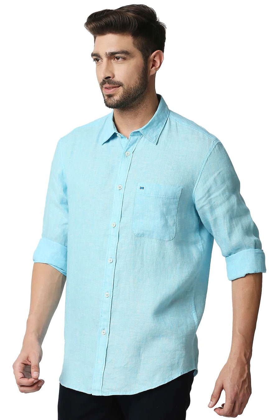 BASICS SLIM FIT GULF STREAM BLUE LINEN SHIRT