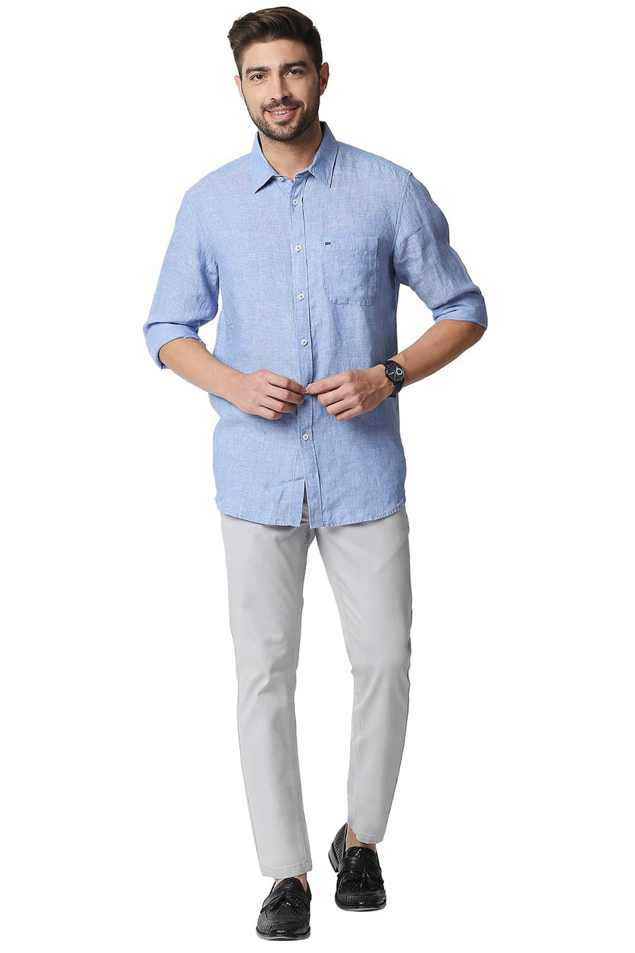 BASICS SLIM FIT PROVENCE BLUE LINEN SHIRT