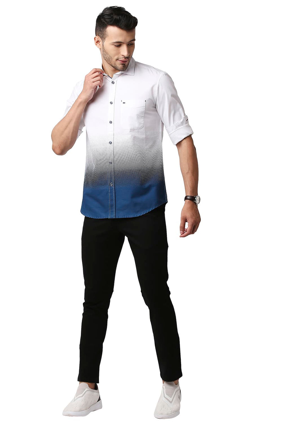 BASICS SLIM FIT CLOUD WHITE OXFORD PRINTED SHIRT