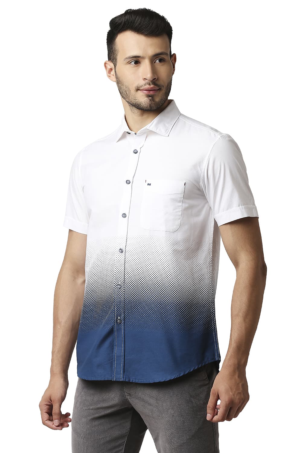 BASICS SLIM FIT OXFORD PRINTED HALFSLEEVES SHIRT