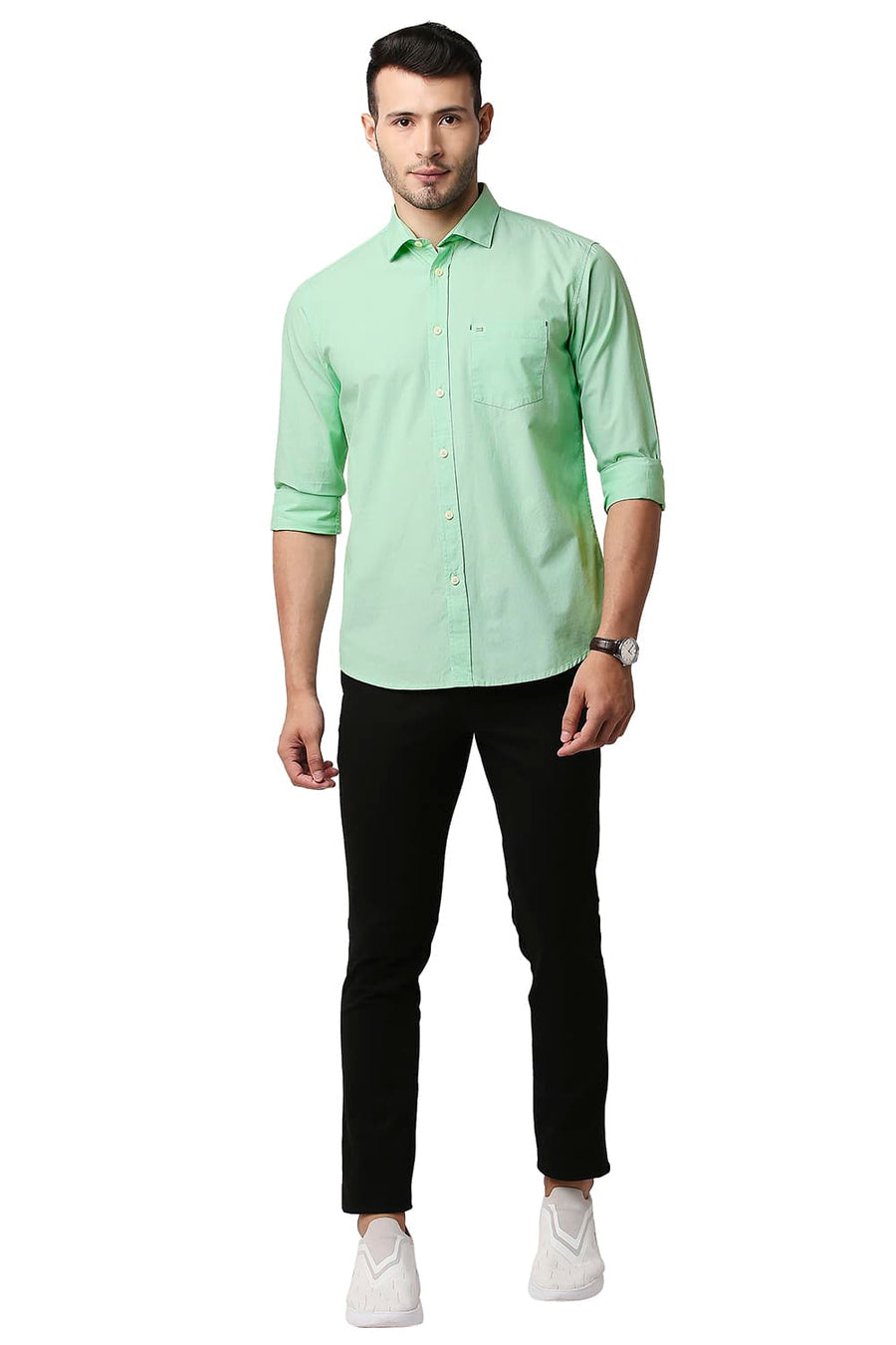 BASICS SLIM FIT GREEN ASH FIL-A-FIL SHIRT