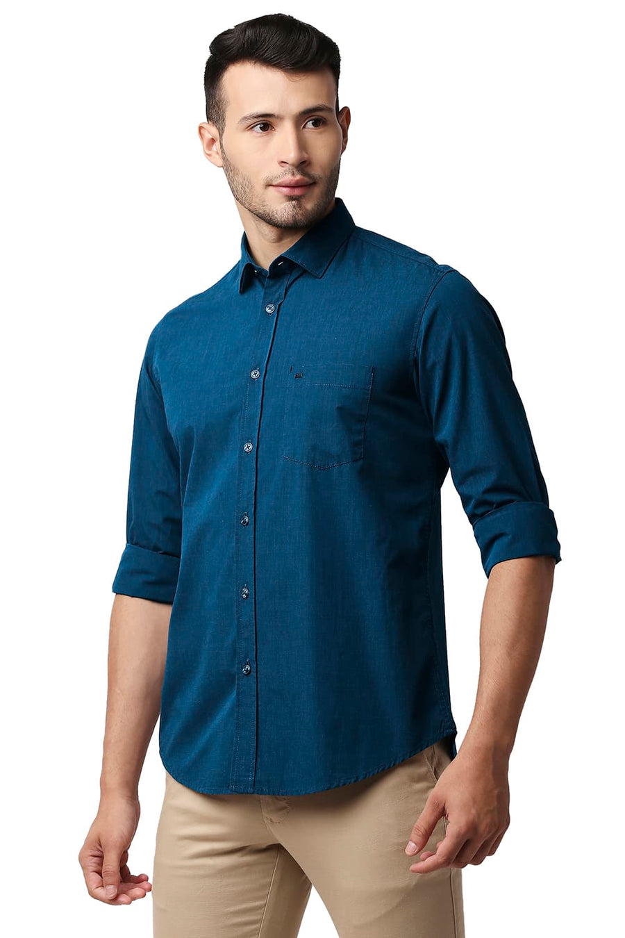 BASICS SLIM FIT MOROCCAN BLUE FIL-A-FIL SHIRT