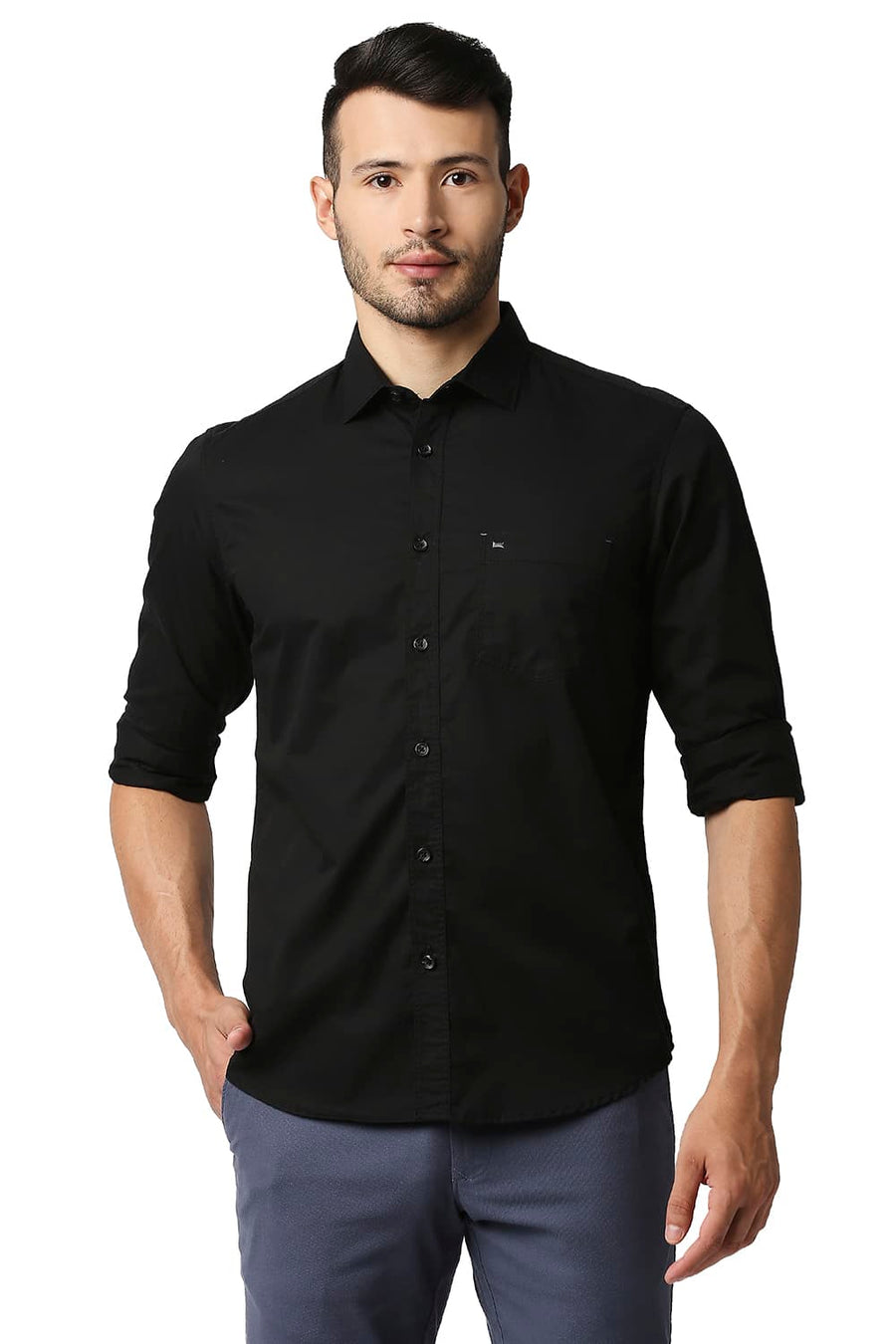 BASICS SLIM FIT ANTHRACITE BLACK TWILL SHIRT