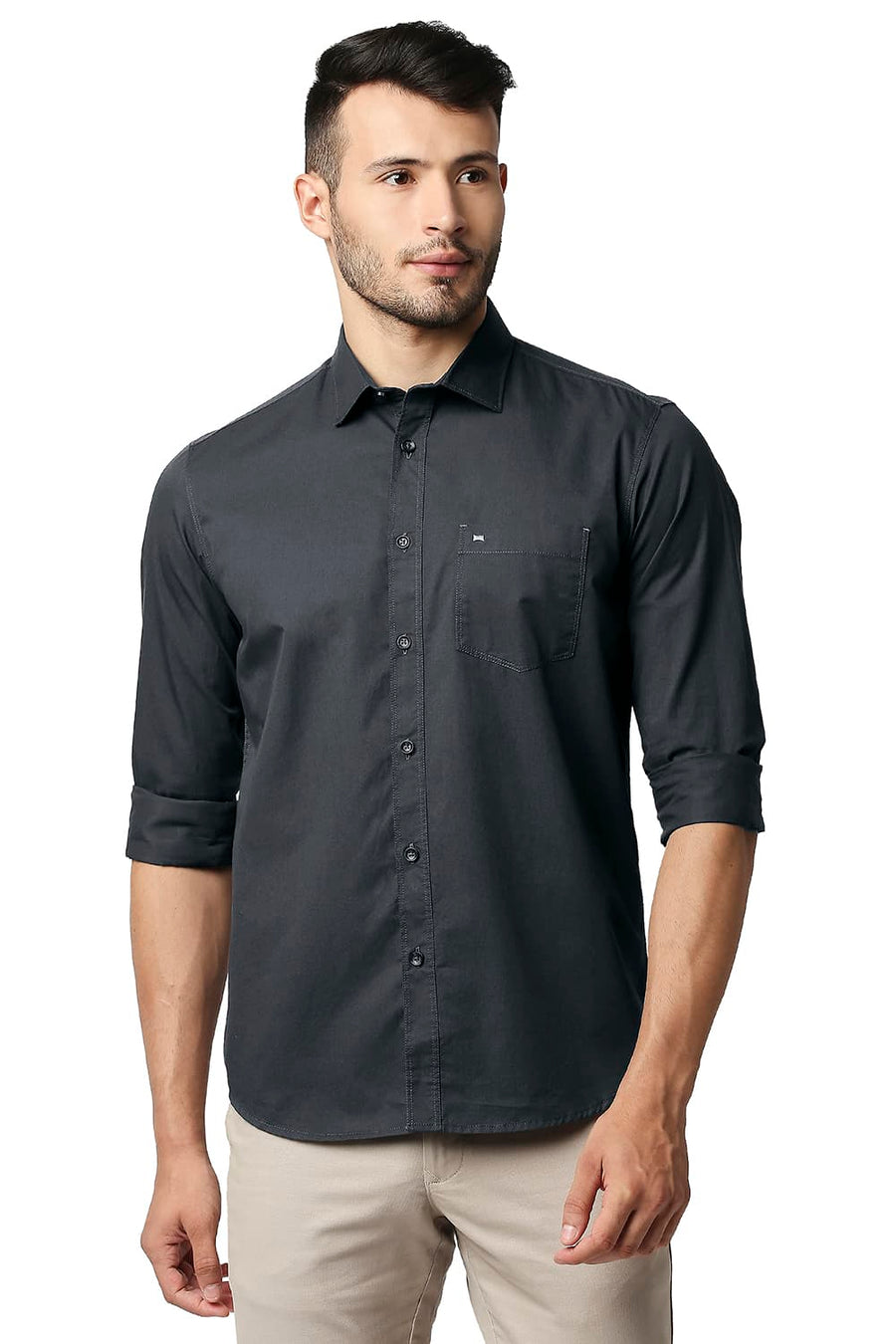 BASICS SLIM FIT FORGED IRON GREY TWILL SHIRT