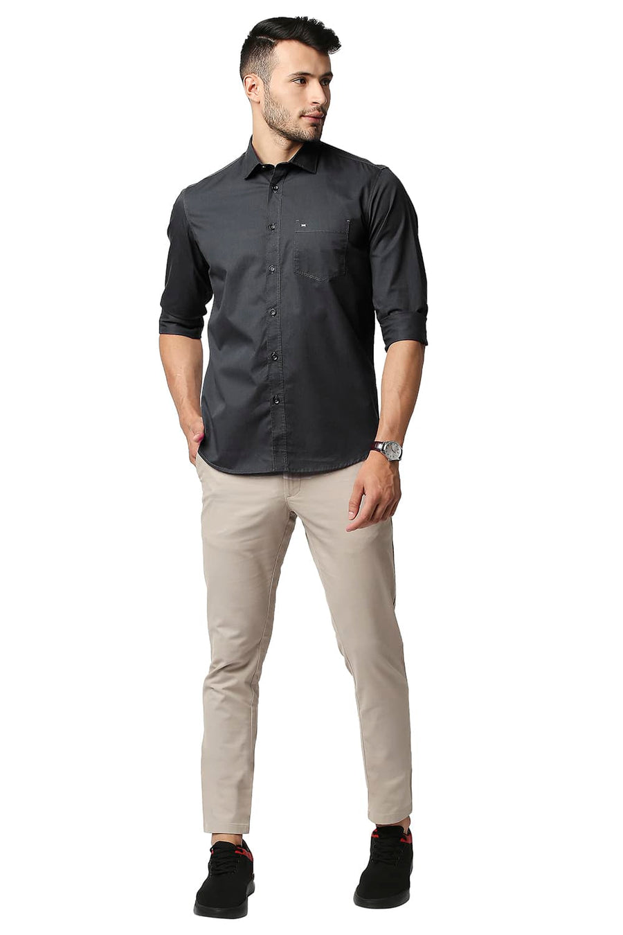 BASICS SLIM FIT FORGED IRON GREY TWILL SHIRT