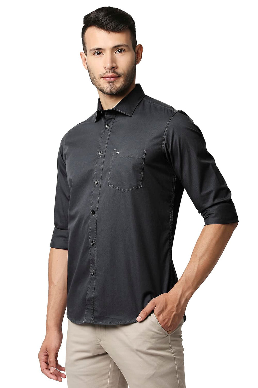 BASICS SLIM FIT FORGED IRON GREY TWILL SHIRT