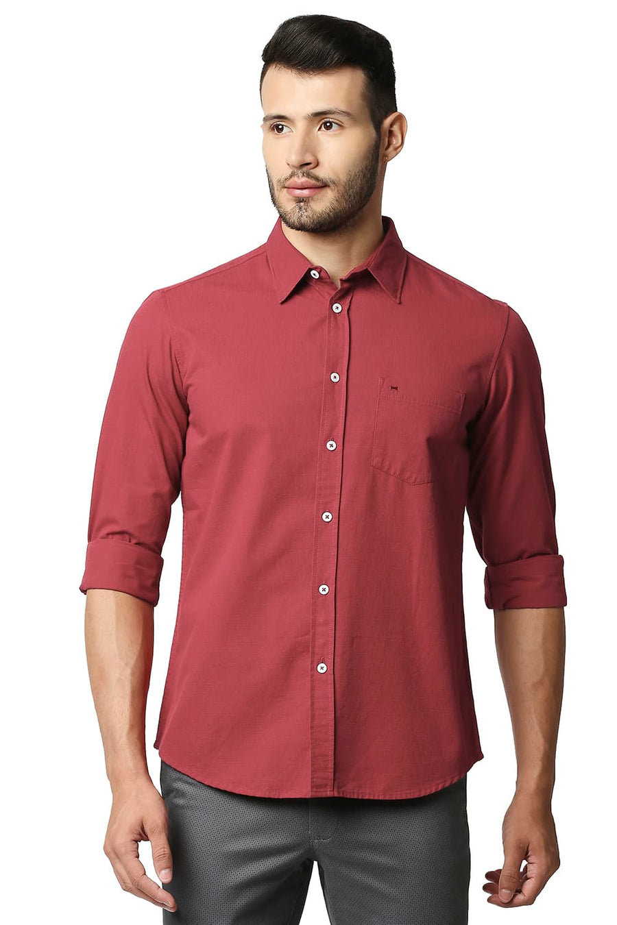 BASICS SLIM FIT SCARLET RED DOBBY SHIRT