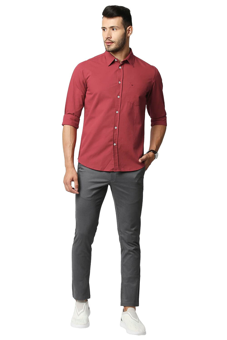 BASICS SLIM FIT SCARLET RED DOBBY SHIRT