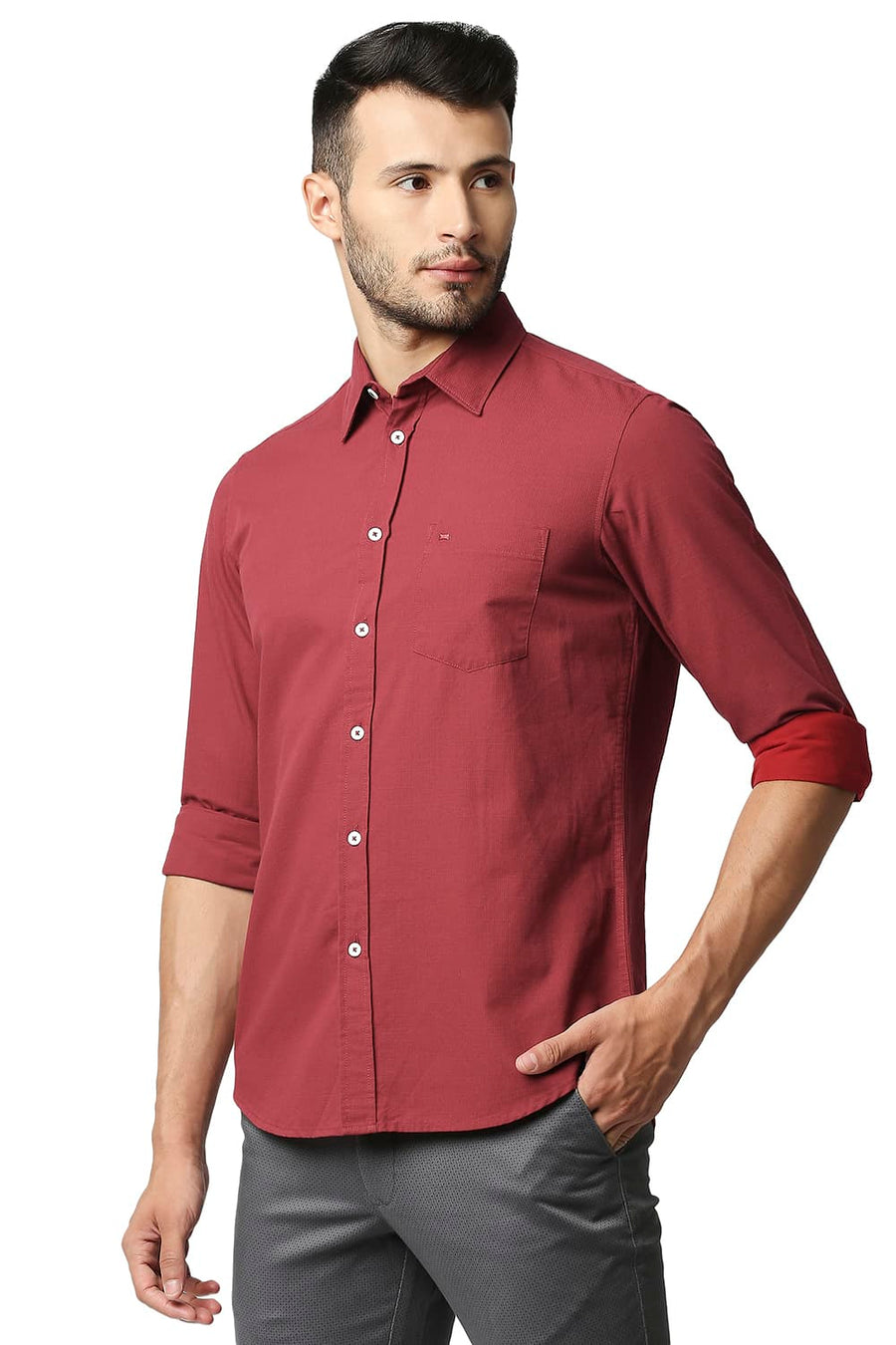 BASICS SLIM FIT SCARLET RED DOBBY SHIRT